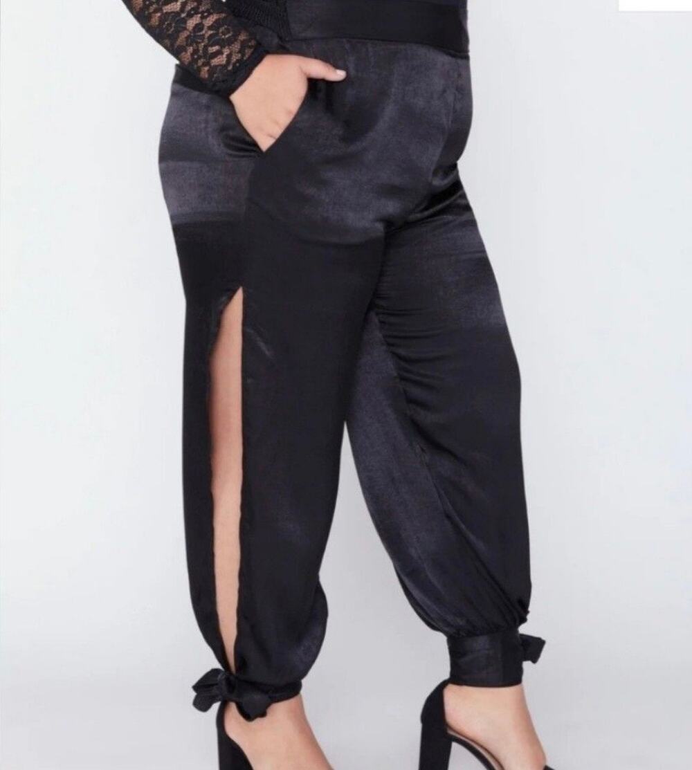 Soncy High Waist Pants with Tie Hem Black Satin Joggers Women's Size 1 (14/16)